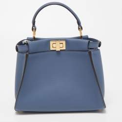 Pre Owned Fendi Navy Blue Leather Mini Peekaboo Top Handle Bag