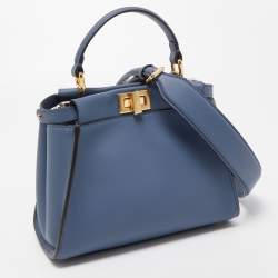 Pre Owned Fendi Navy Blue Leather Mini Peekaboo Top Handle Bag