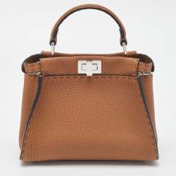 Pre Owned Fendi Brown Selleria Leather Mini Peekaboo Top Handle Bag