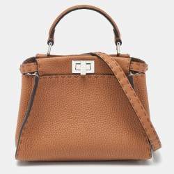 Pre Owned Fendi Brown Selleria Leather Mini Peekaboo Top Handle Bag