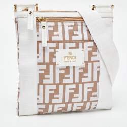 Pre Owned Fendi White/Beige Zucca Nylon and Leather Crossbody Bag