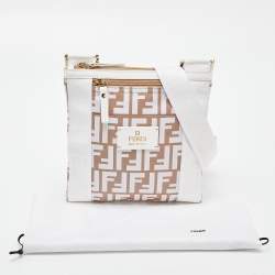 Pre Owned Fendi White/Beige Zucca Nylon and Leather Crossbody Bag