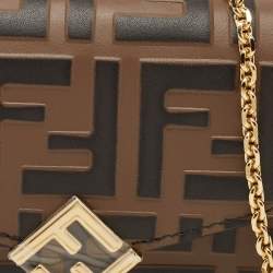 مملوكة مسبقًا Fendi Tobacco Zucca Embossed Leather FF Flap Wallet on Chain