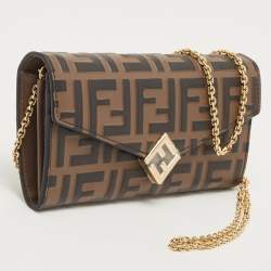 مملوكة مسبقًا Fendi Tobacco Zucca Embossed Leather FF Flap Wallet on Chain