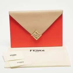 Pre Owned Fendi Beige/Red Leather  FF Diamond Flat Pouch 