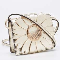 Pre Owned Fendi Gold Leather Micro Flower Kan I Crossbody Bag