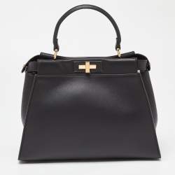 Pre Owned Fendi Black Leather Medium Peekaboo Iconic Top Handle Bag