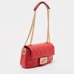 Fendi Red FF Embossed Leather Midi Chain Baguette Bag