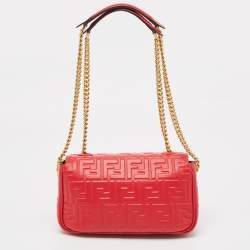 Fendi Red FF Embossed Leather Midi Chain Baguette Bag