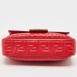 Fendi Red FF Embossed Leather Midi Chain Baguette Bag