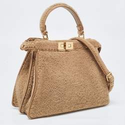 Pre Owned Fendi Brown Sheep Shearling Medium Peekaboo ISeeU Top Handle Bag