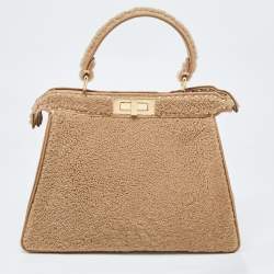 Pre Owned Fendi Brown Sheep Shearling Medium Peekaboo ISeeU Top Handle Bag