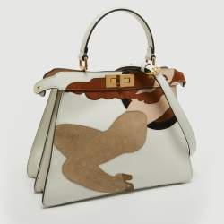 Fendi White Leather Medium Inlay Peekaboo ISeeU Top Handle Bag