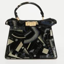 Pre Owned Fendi Navy Blue Velvet Medium Printed Peekaboo ISeeU Top Handle Bag