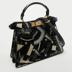 Pre Owned Fendi Navy Blue Velvet Medium Printed Peekaboo ISeeU Top Handle Bag