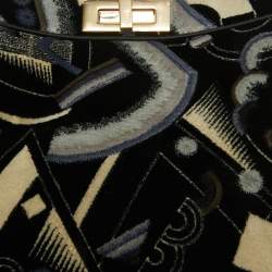 Pre Owned Fendi Navy Blue Velvet Medium Printed Peekaboo ISeeU Top Handle Bag