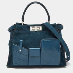 Pre Owned Fendi Blue Watersnake Leather and Suede Regular Peekaboo Top Handle Bag