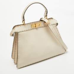 Fendi Cream Selleria Leather Medium Peekaboo ISeeU Top Handle Bag