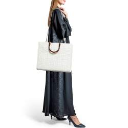 Pre Owned Fendi Off White Zucca Embossed Leather Medium Sunshine Tote