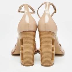 Pre Owned Fendi Beige Leather Zucca FF Logo Ankle Strap Pumps Size 39