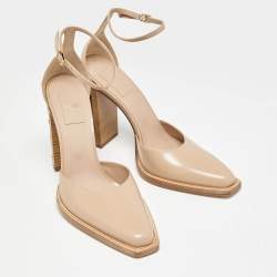 Pre Owned Fendi Beige Leather Zucca FF Logo Ankle Strap Pumps Size 39