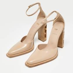 Pre Owned Fendi Beige Leather Zucca FF Logo Ankle Strap Pumps Size 39