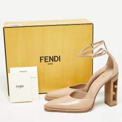 Pre Owned Fendi Beige Leather Zucca FF Logo Ankle Strap Pumps Size 39