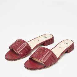 Fendi Burgundy Leather FF Flat Slides Size 37