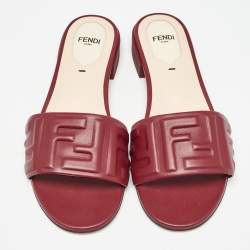 Fendi Burgundy Leather FF Flat Slides Size 37