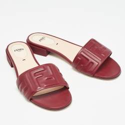 Fendi Burgundy Leather FF Flat Slides Size 37