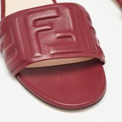 Fendi Burgundy Leather FF Flat Slides Size 37