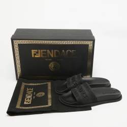 Fendi x-Versace Black Rubber Logo Flat Slides Size 37