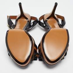 Fendi Black/Brown Canvas And Leather Bow Pep Toe Ankle Strap Sandals Size 39