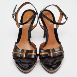 Fendi Black/Brown Canvas And Leather Bow Pep Toe Ankle Strap Sandals Size 39