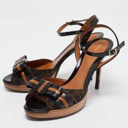 Fendi Black/Brown Canvas And Leather Bow Pep Toe Ankle Strap Sandals Size 39