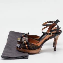 Fendi Black/Brown Canvas And Leather Bow Pep Toe Ankle Strap Sandals Size 39