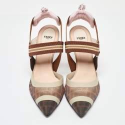 Pre Owned حذاء كعب عالي فندي كوليبري جلد وشبك زوكا بيج/ بني فتحة كعب مقاس 39