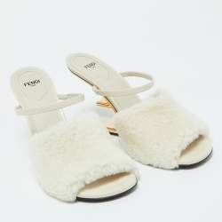Pre Owned Fendi Off White Lamb Fur and Leather First Heel Mules Size 40