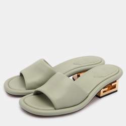Fendi Green Leather Baguette Heel Slide Sandals Size 37