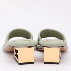 Fendi Green Leather Baguette Heel Slide Sandals Size 37