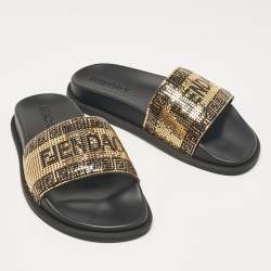 Fendi x Versace Gold/Black Metal Mesh Pool Slides Size 38