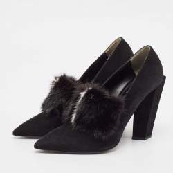 Fendi Black Mink Fur and Suede Block Heel Pumps Size 39