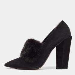 Fendi Black Mink Fur and Suede Block Heel Pumps Size 39