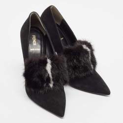 Fendi Black Mink Fur and Suede Block Heel Pumps Size 39