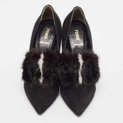 Fendi Black Mink Fur and Suede Block Heel Pumps Size 39