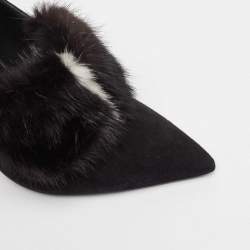 Fendi Black Mink Fur and Suede Block Heel Pumps Size 39