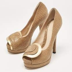 Fendi Brown/Gold Printed Suede and Leather Peep Toe Platform Pumps Size 37