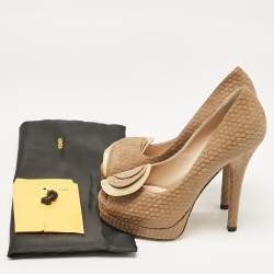 Fendi Brown/Gold Printed Suede and Leather Peep Toe Platform Pumps Size 37