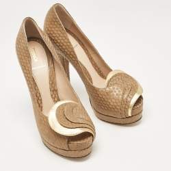 Fendi Brown/Gold Printed Suede and Leather Peep Toe Platform Pumps Size 37