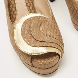 Fendi Brown/Gold Printed Suede and Leather Peep Toe Platform Pumps Size 37